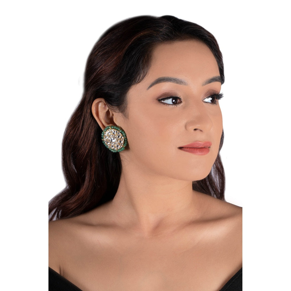 RIANA JEWELLERY White Choker Set Attached In 8 Line Sea Green Beads With Green Hanging (Set of 2)