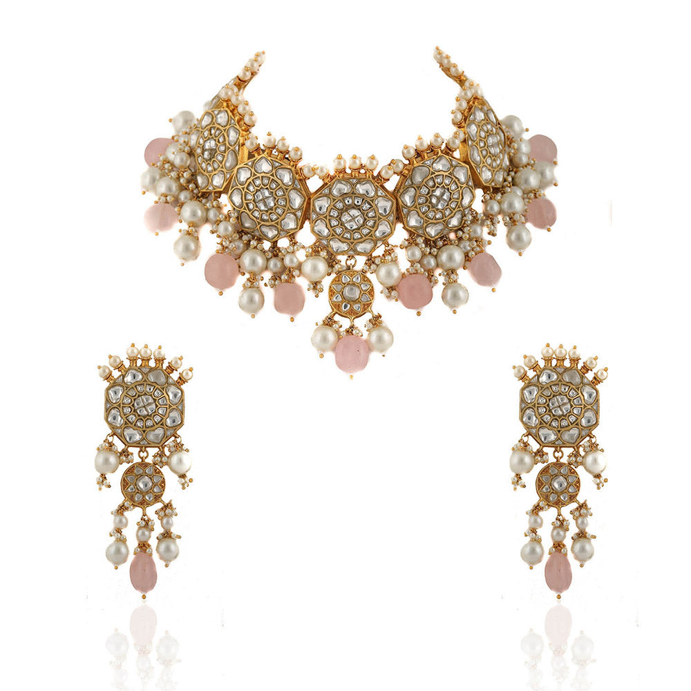 RIANA JEWELLERY White Jadtar Stone Necklace Set Light Pink Beads With Pearl (Set of 2)