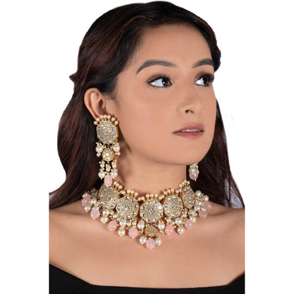 RIANA JEWELLERY White Jadtar Stone Necklace Set Light Pink Beads With Pearl (Set of 2)