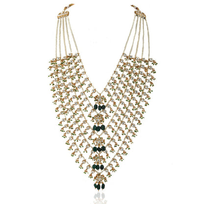 RIANA JEWELLERY Green and White 5 Line Set Middle Flower Shape On Pearl String