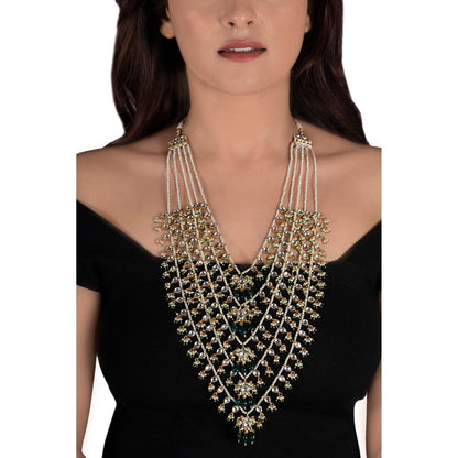 RIANA JEWELLERY Green and White 5 Line Set Middle Flower Shape On Pearl String