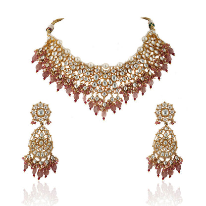 RIANA JEWELLERY White Jadtar Stone Necklace Beaded Moti Work & Light Pink Beads & Pearl (Set of 2)