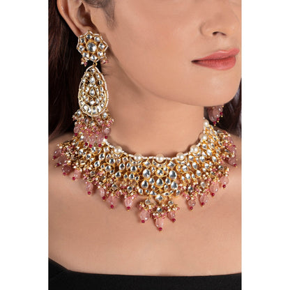 RIANA JEWELLERY White Jadtar Stone Necklace Beaded Moti Work & Light Pink Beads & Pearl (Set of 2)