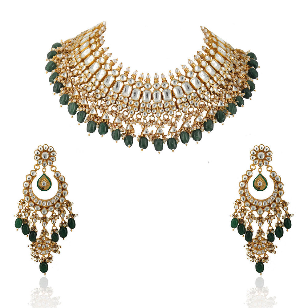 RIANA JEWELLERY Green and White Lower Line Necklace Set (Set of 2)