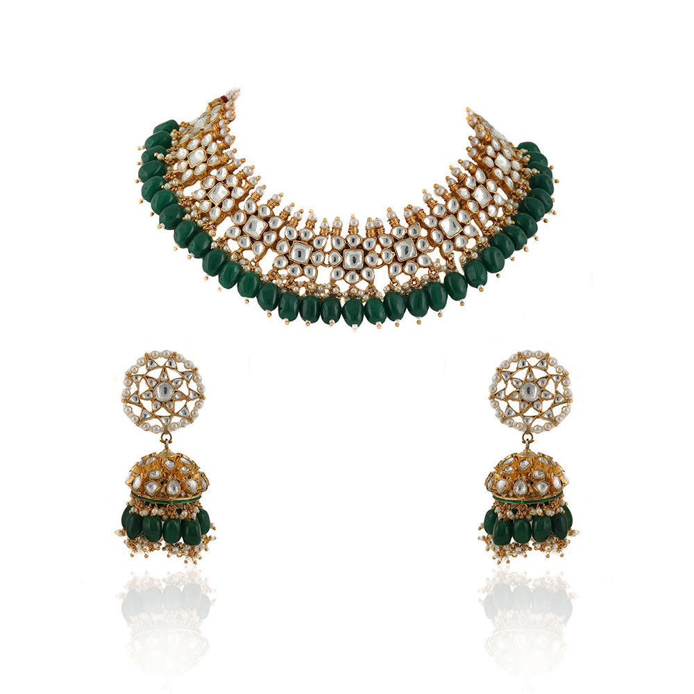 RIANA JEWELLERY Small One Layer Choker Hanging With Green Beads With Star Shaped Jhumki (Set of 2)