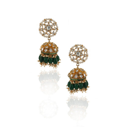 RIANA JEWELLERY Small One Layer Choker Hanging With Green Beads With Star Shaped Jhumki (Set of 2)