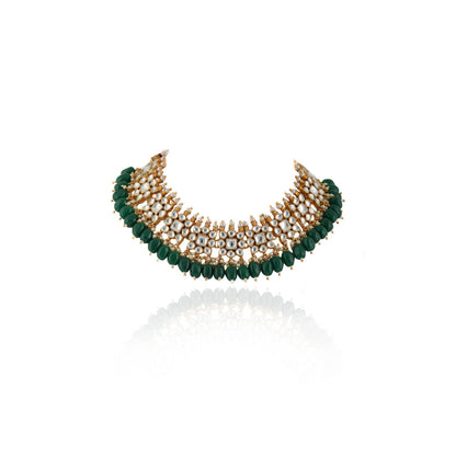 RIANA JEWELLERY Small One Layer Choker Hanging With Green Beads With Star Shaped Jhumki (Set of 2)