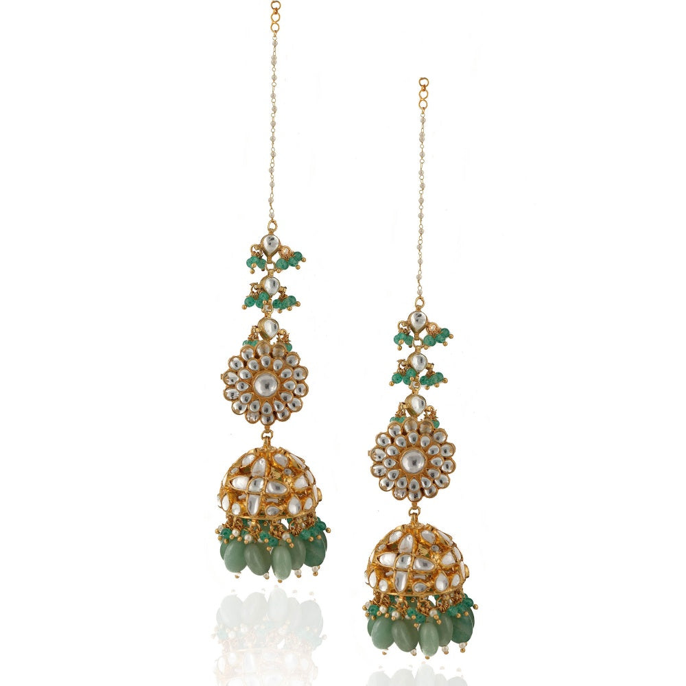 RIANA JEWELLERY White Stone Jhumki and Sea Green Beads With White Hanging Attached Ear Chain