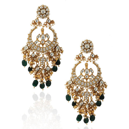 RIANA JEWELLERY White Chand Baali With Golden Balls and Green Beads