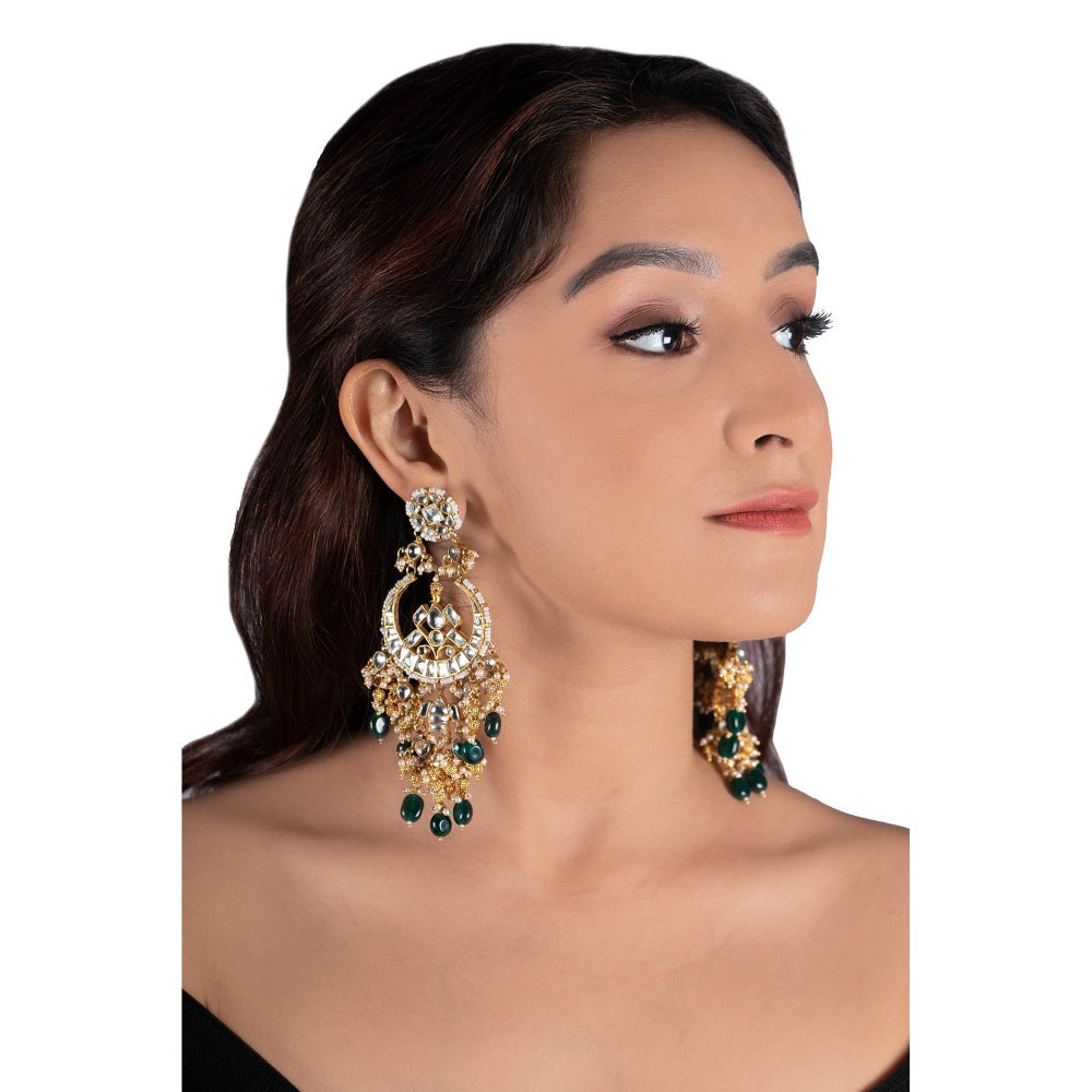 RIANA JEWELLERY White Chand Baali With Golden Balls and Green Beads