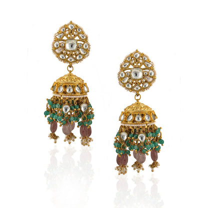 RIANA JEWELLERY Jhumki In Moti Work and Pastel Pink Beads With Light Green Hangings