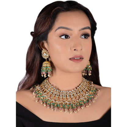 RIANA JEWELLERY Jhumki In Moti Work and Pastel Pink Beads With Light Green Hangings