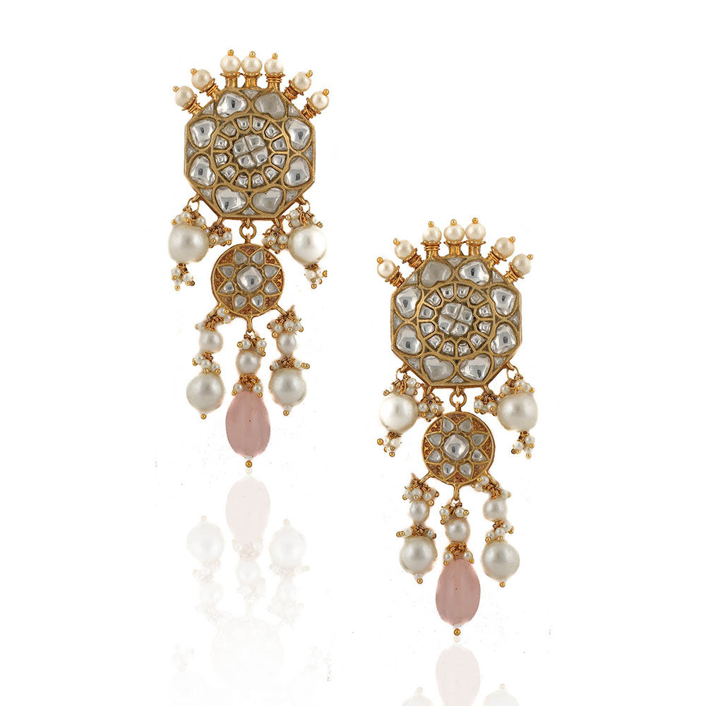 RIANA JEWELLERY White Jadtar Stone Earrings With Pearl and Light Pink Beads
