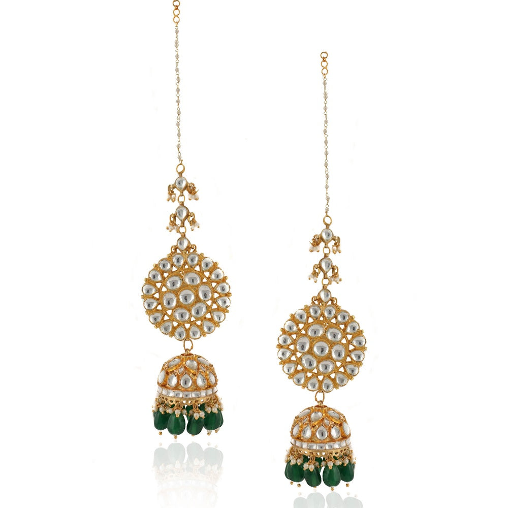 RIANA JEWELLERY White Round Big Tops With Jhumki With Green Beads With Attached
