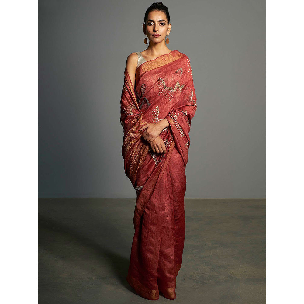 Saksham & Neharicka Red Embroidered Tusser Silk Saree With Unstitched Blouse Piece