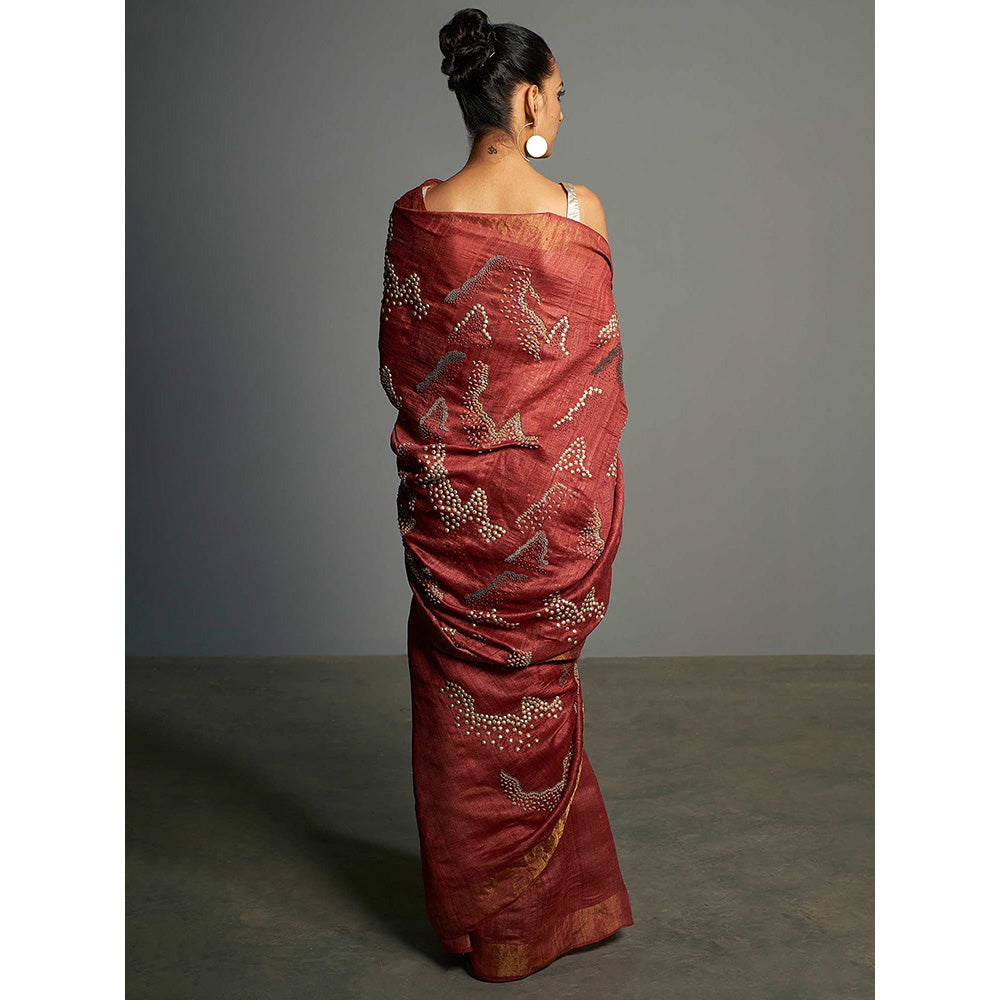 Saksham & Neharicka Red Embroidered Tusser Silk Saree With Unstitched Blouse Piece