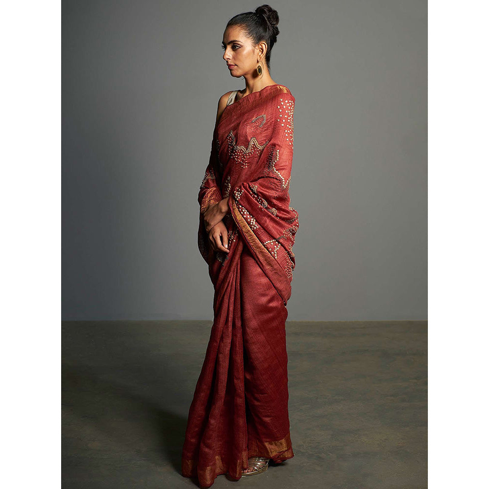 Saksham & Neharicka Red Embroidered Tusser Silk Saree With Unstitched Blouse Piece