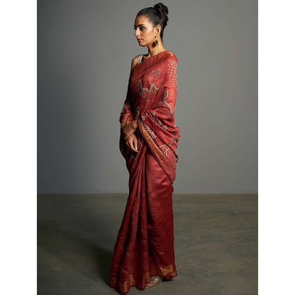 Saksham & Neharicka Red Embroidered Tusser Silk Saree With Unstitched Blouse Piece