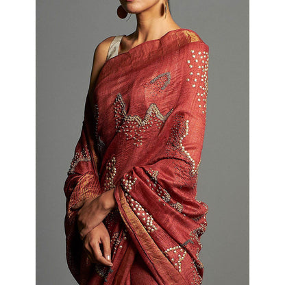 Saksham & Neharicka Red Embroidered Tusser Silk Saree With Unstitched Blouse Piece