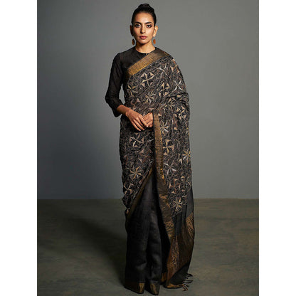 Saksham & Neharicka Black Embroidered Tusser Silk Saree With Unstitched Blouse Piece