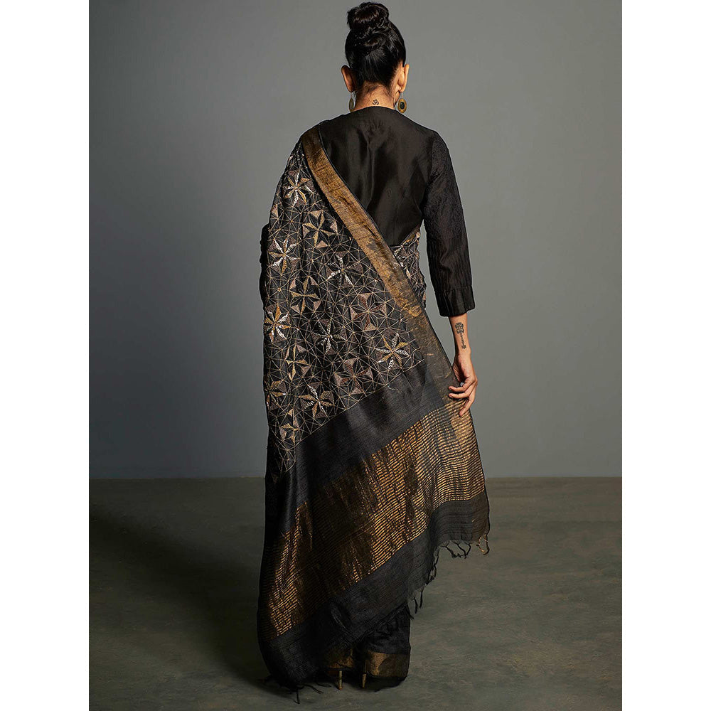 Saksham & Neharicka Black Embroidered Tusser Silk Saree With Unstitched Blouse Piece