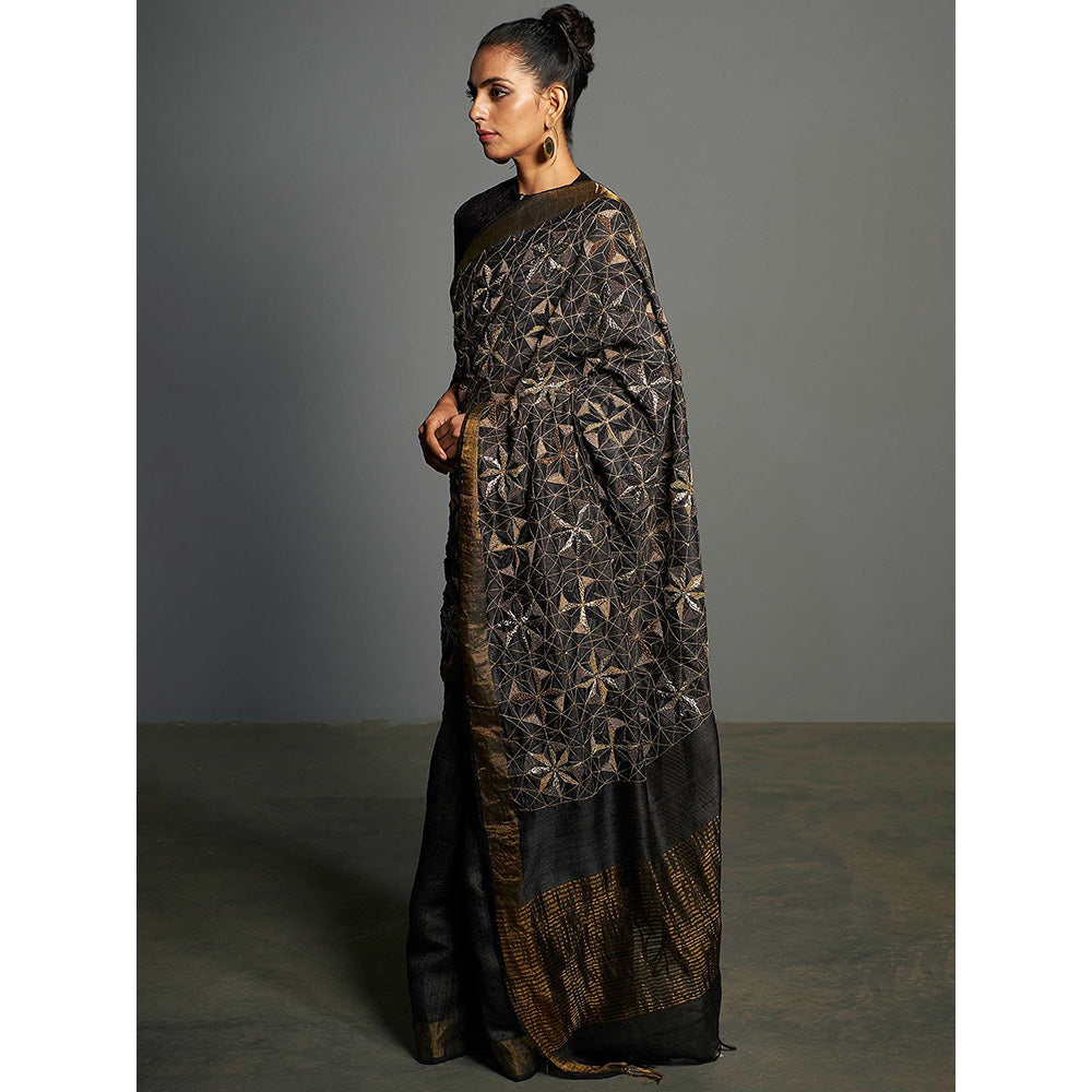Saksham & Neharicka Black Embroidered Tusser Silk Saree With Unstitched Blouse Piece