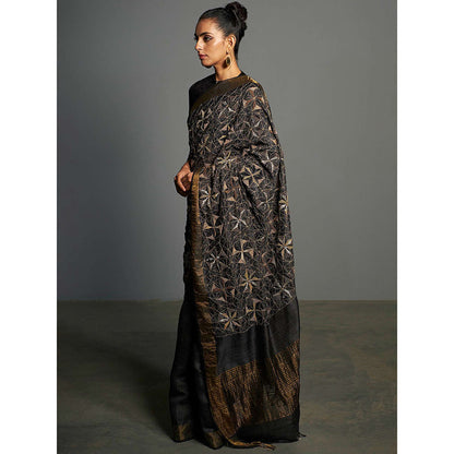 Saksham & Neharicka Black Embroidered Tusser Silk Saree With Unstitched Blouse Piece