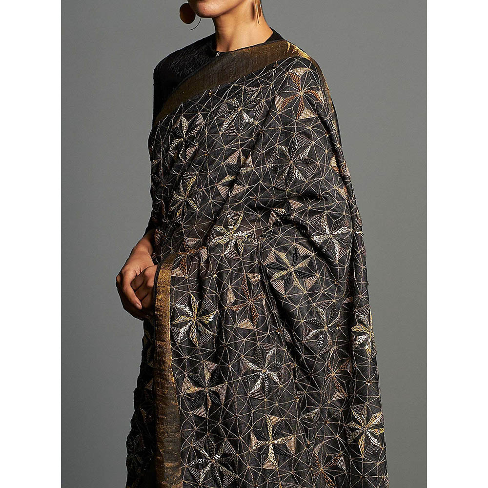 Saksham & Neharicka Black Embroidered Tusser Silk Saree With Unstitched Blouse Piece