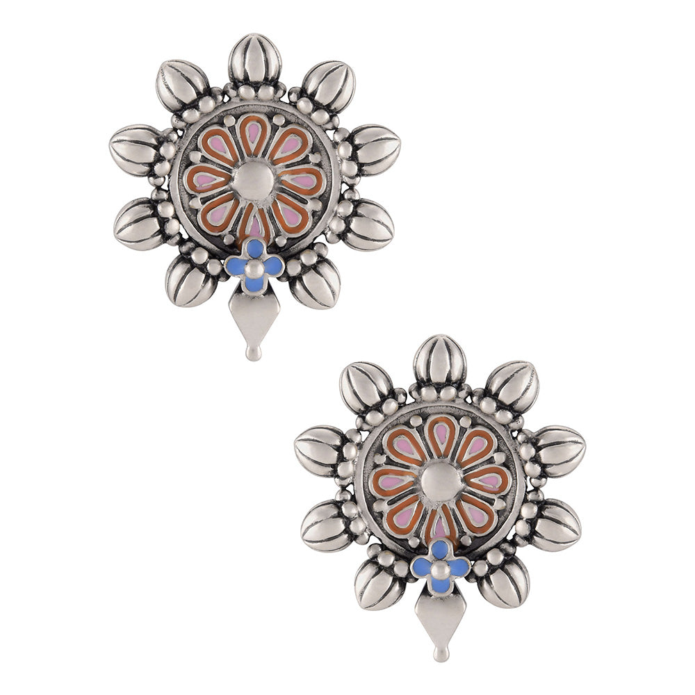 Tribe Amrapali Pink Blue Enamel Flower Chakra Ear Studs