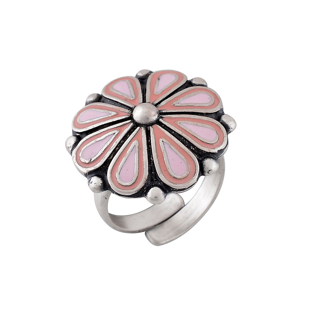 Tribe Amrapali Pink Enamel Chandrika Flower Ring