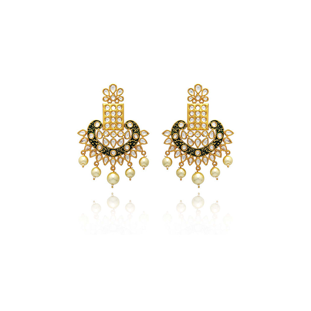TIZORA Green Enamelled Festive Kundan Earrings