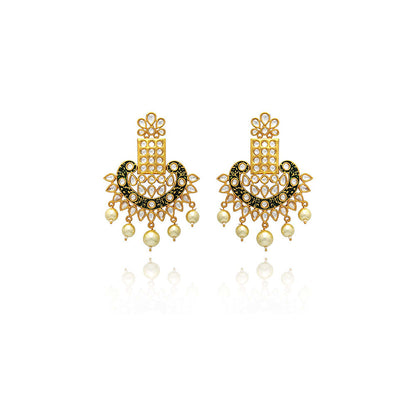 TIZORA Green Enamelled Festive Kundan Earrings