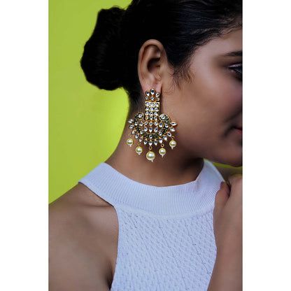 TIZORA Green Enamelled Festive Kundan Earrings