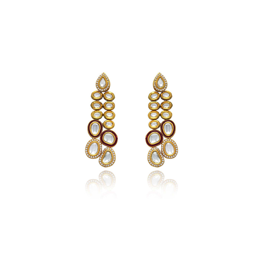 TIZORA Dangling Red Meena Kundan Earrings