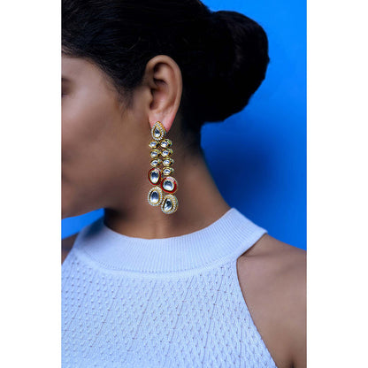 TIZORA Dangling Red Meena Kundan Earrings