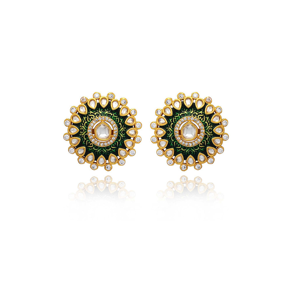 TIZORA Green Meenakari Chic Kundan Ear Tops