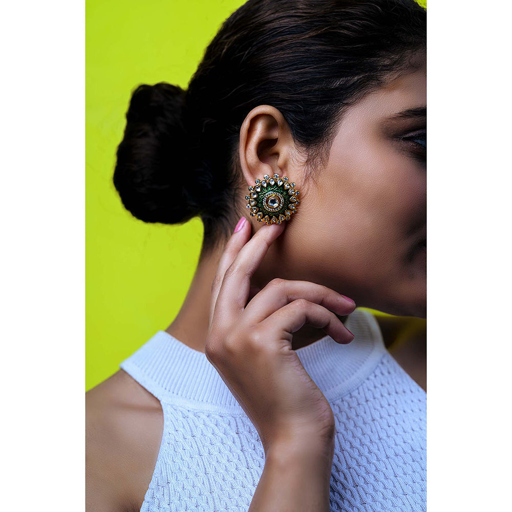 TIZORA Green Meenakari Chic Kundan Ear Tops