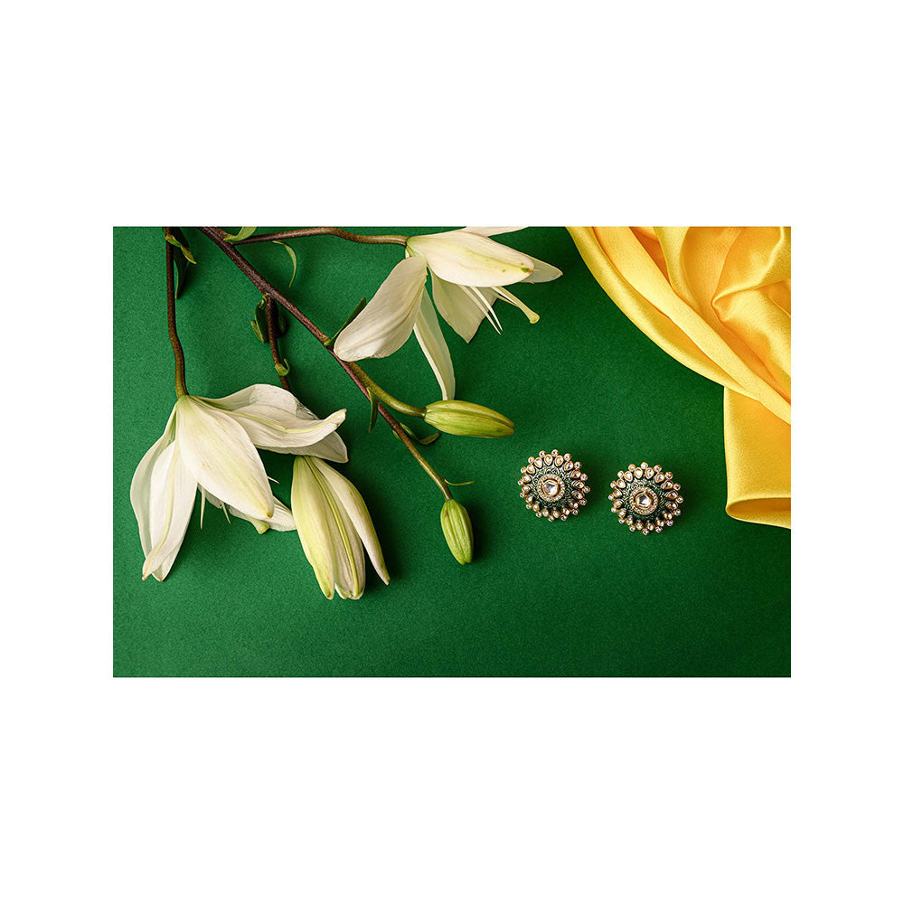 TIZORA Green Meenakari Chic Kundan Ear Tops