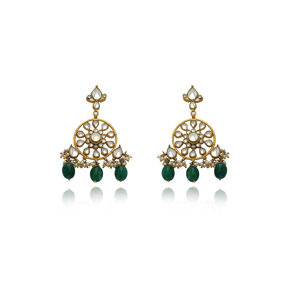 TIZORA Green Drops Pachi Kundan Earrings