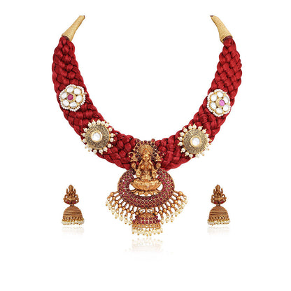 TIZORA Red Silk Base Temple Necklace Set