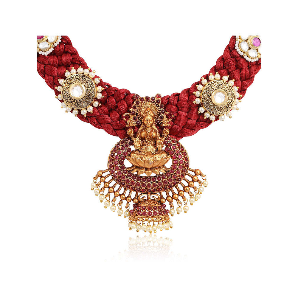 TIZORA Red Silk Base Temple Necklace Set