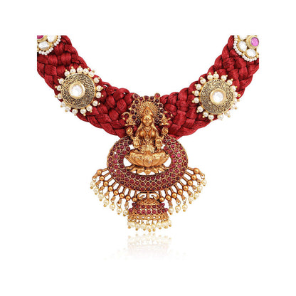 TIZORA Red Silk Base Temple Necklace Set