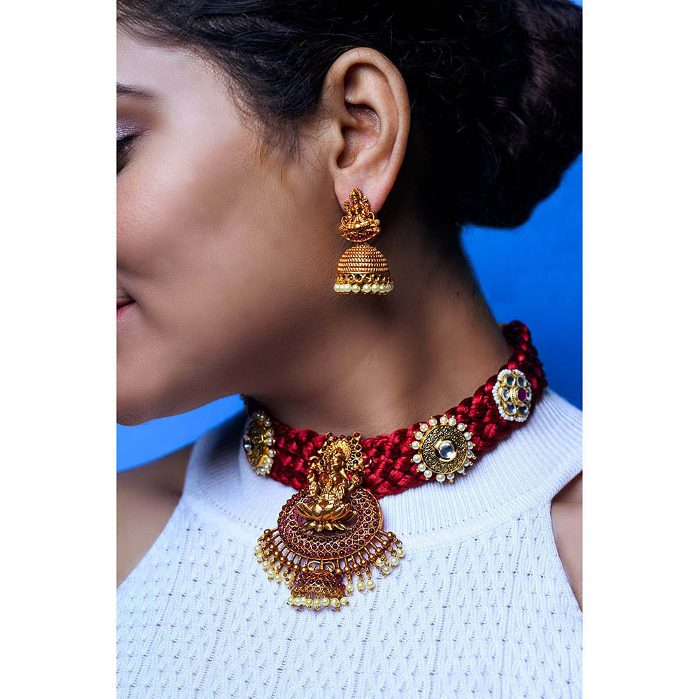 TIZORA Red Silk Base Temple Necklace Set