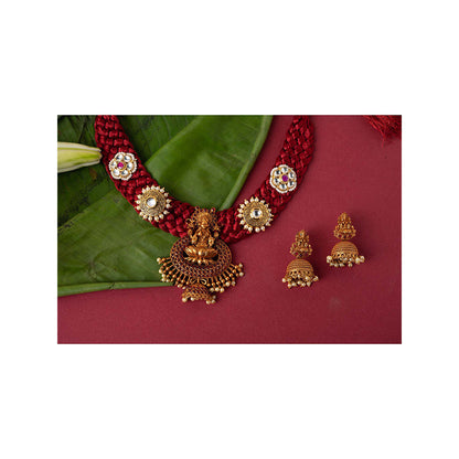 TIZORA Red Silk Base Temple Necklace Set