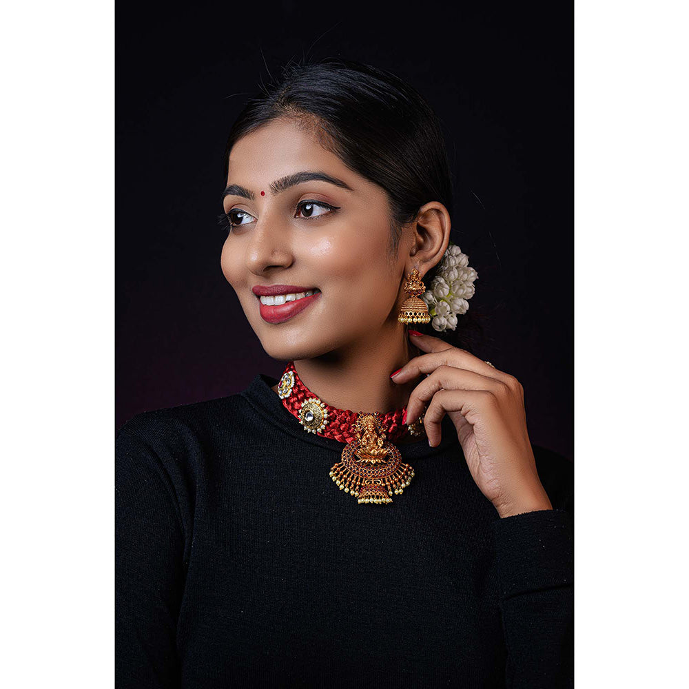 TIZORA Red Silk Base Temple Necklace Set