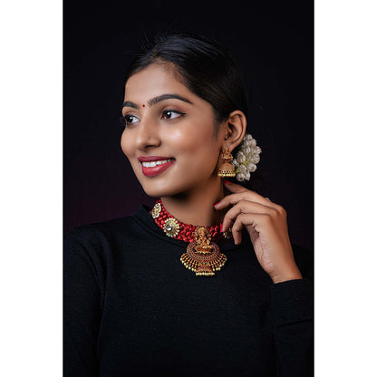 TIZORA Red Silk Base Temple Necklace Set
