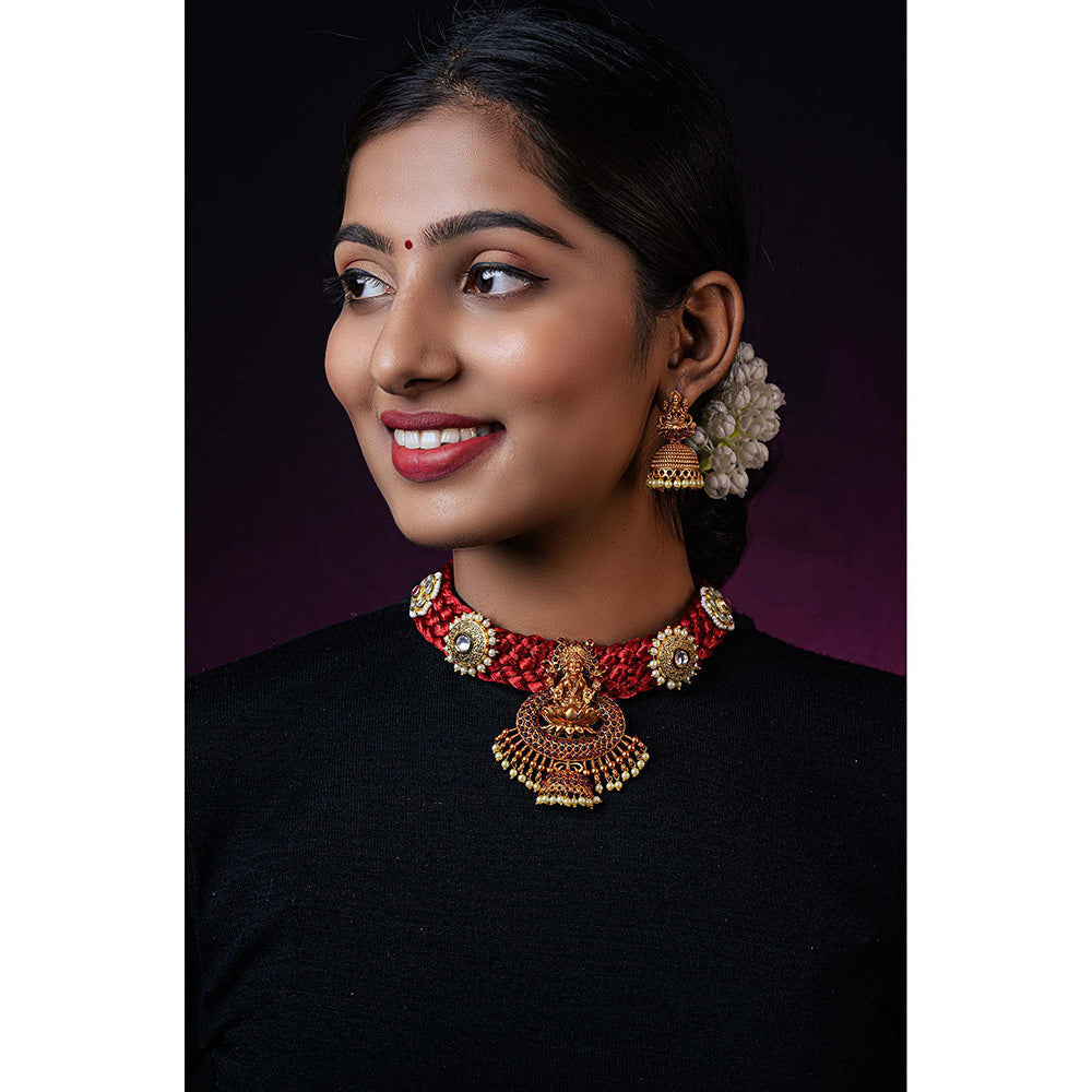 TIZORA Red Silk Base Temple Necklace Set
