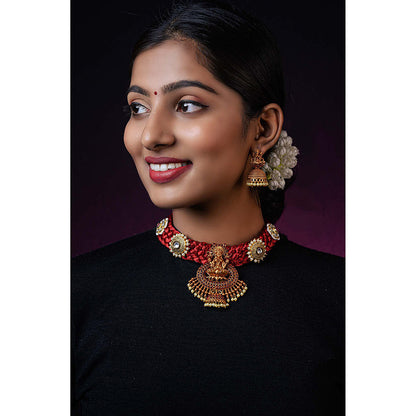 TIZORA Red Silk Base Temple Necklace Set