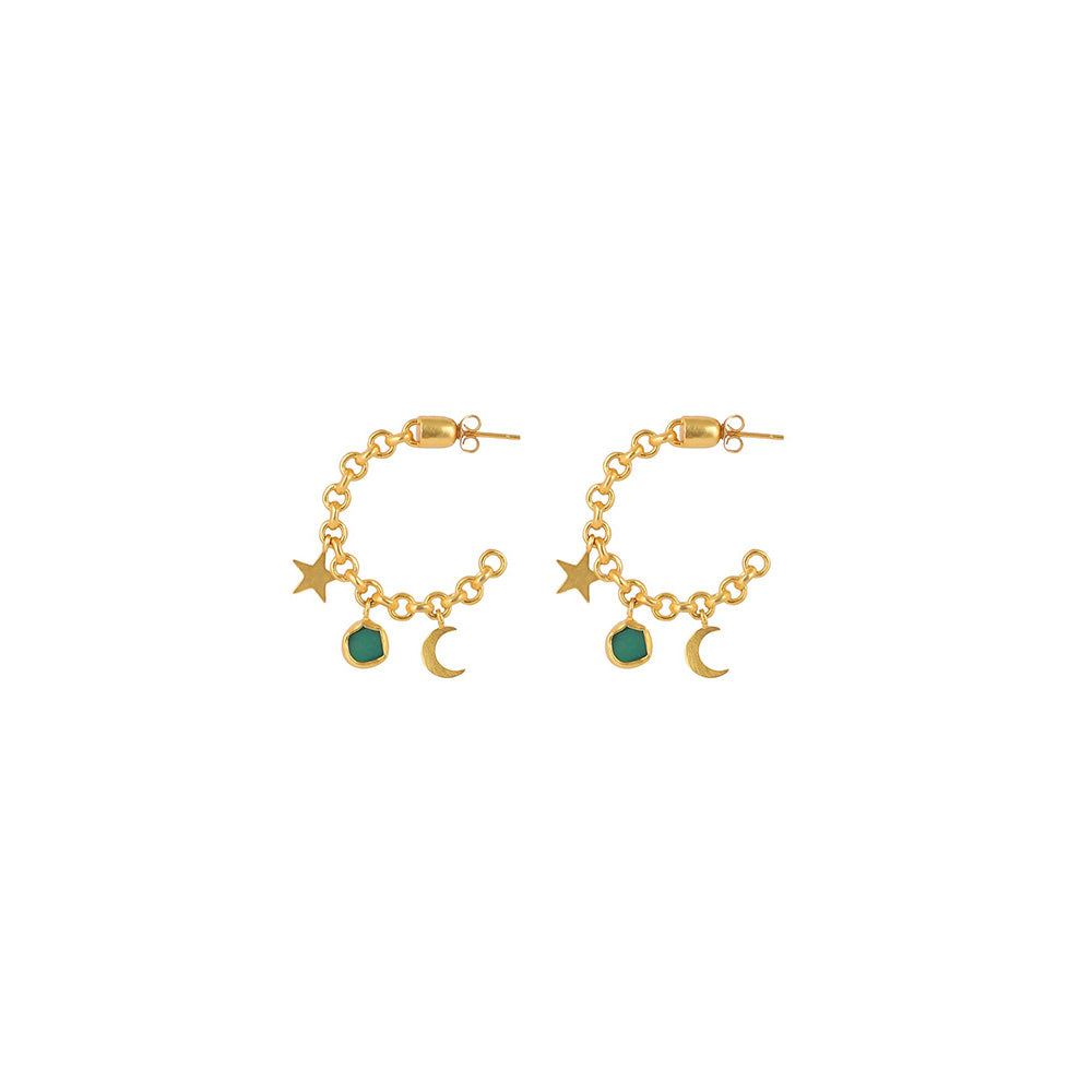 Zariin Gold Arty Everyday Green Chalcedony Hoop Earrings