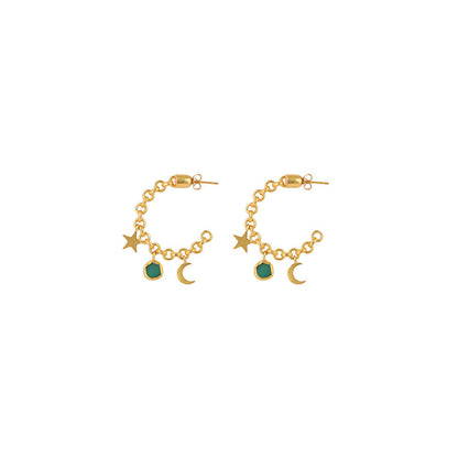 Zariin Gold Arty Everyday Green Chalcedony Hoop Earrings